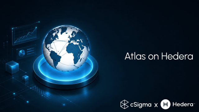 The image features a globe with the words "Atlas on Hedera" written above it, along with the phrase "Real World Financial Products on chain". The globe is placed on a blue platform that has various shapes around it, including cubes and other geometric designs. The background of the image is dark blue, which contrasts with the white text and the globe.