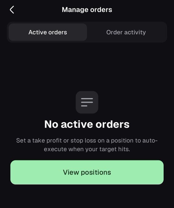 A "Manage orders" screen showing an empty "Active orders" tab with a "No active orders" message, prompting the user to set take profit or stop loss orders, with a green "View positions" button. The image relates to the post's humorous complaint to Pumpfun about lacking a DCA (dollar-cost averaging) in/out feature for managing trades.