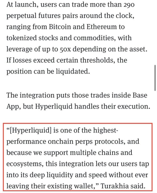 A text excerpt about cryptocurrency trading describing Hyperliquid integration with Base App, featuring a highlighted quote from Turakhia about onchain perps protocols and deep liquidity.