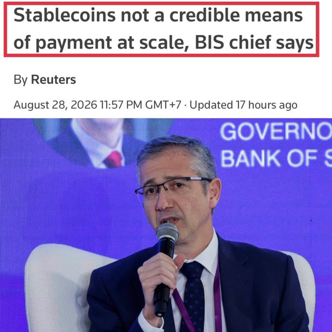 A Reuters news article headlined 'Stablecoins not a credible means of payment at scale, BIS chief says,' featuring a photo of a man in a suit speaking into a microphone at a Bank of Singapore event.