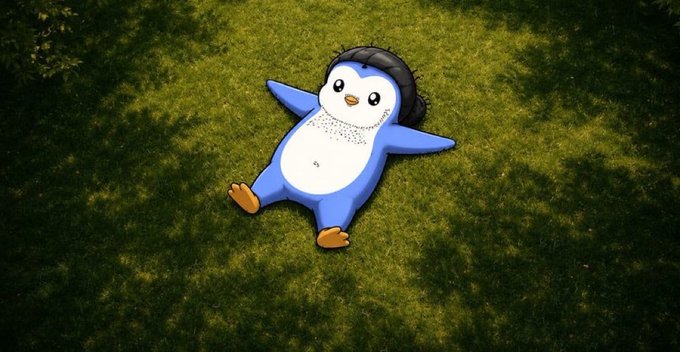 An inflatable penguin wearing headphones lies spread-eagle on a grassy lawn, fitting the playful "gm" (good morning) crypto community vibe of the giveaway post by Raviel, where "$430 in giveaways for 21 reply guys" is being offered.