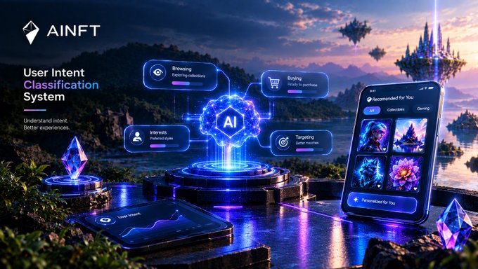 A promotional graphic for 'AINFT' showcasing a 'User Intent Classification System' with the tagline 'Understand intent. Better experiences,' depicting an AI brain connecting to browsing, buying, interests, and targeting nodes.