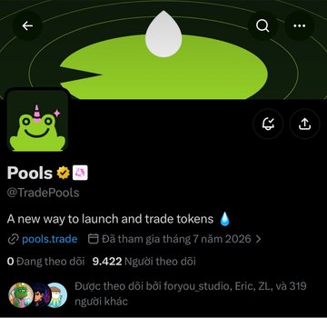 The image shows a Twitter/X profile for "Pools" (@TradePools) with a green frog-like mascot logo, described as "A new way to launch and trade tokens" with 9,422 followers and a launch date set for July 2026. The post hints at $Frong, connecting the platform's frog branding to a potential token name, referencing its recent "God candle" pump.