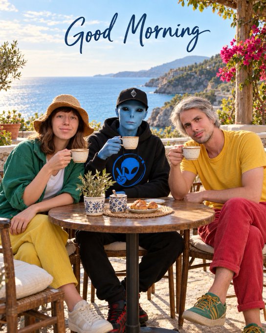 An AI-generated scene captioned 'Good Morning' showing three figures—including a blue-skinned alien—holding coffee cups around a small round table on a sunny terrace overlooking the ocean.