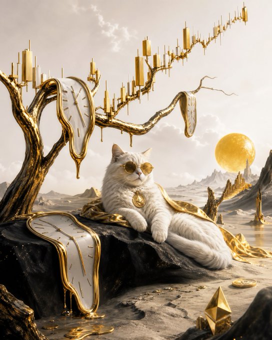 A luxurious white cat wearing gold sunglasses and a Bitcoin medallion lounges regally on a golden-draped rock, surrounded by melting clock faces and a golden sunset in a surreal landscape. The opulent, wealth-themed scene visually reinforces the "HODL" mantra, portraying crypto holders as wealthy royalty holding onto their assets through time.