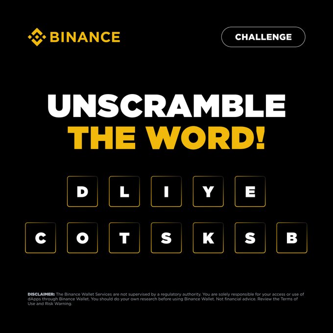 A Binance-branded word unscramble challenge featuring the scrambled letters "DLIYЕ" and "COTSKSB" (which unscramble to "DLY" and "COT SKSB"), promoting a TG Talks Live Quiz contest for followers.