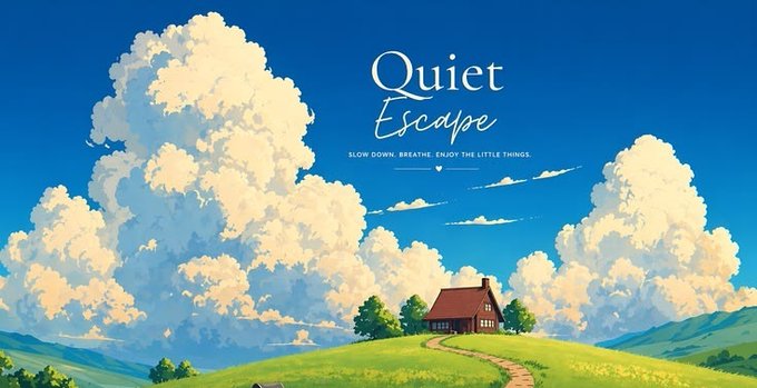 A serene digital artwork of a small house on a green hill under a vast blue sky filled with large, fluffy white clouds, with the text 'Quiet Escape' and 'SLOW DOWN. BREATHE. ENJOY THE LITTLE THINGS.'