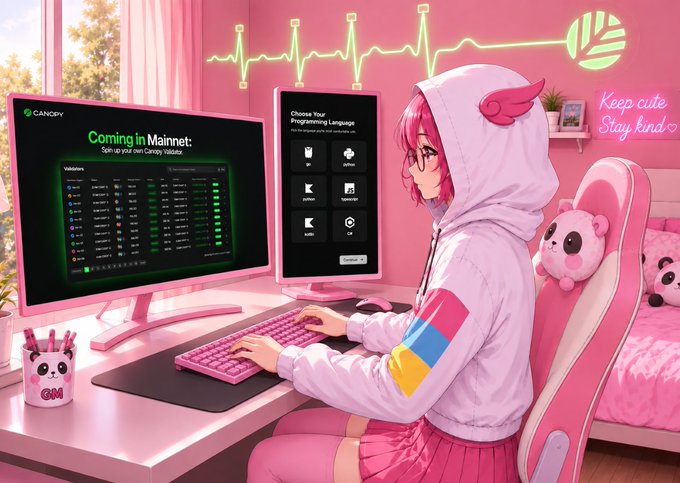 Anime-style illustration of a pink-haired girl in a white hoodie working at a pink-themed computer setup with dual monitors showing 'Canopy' validator and programming language selection screens.