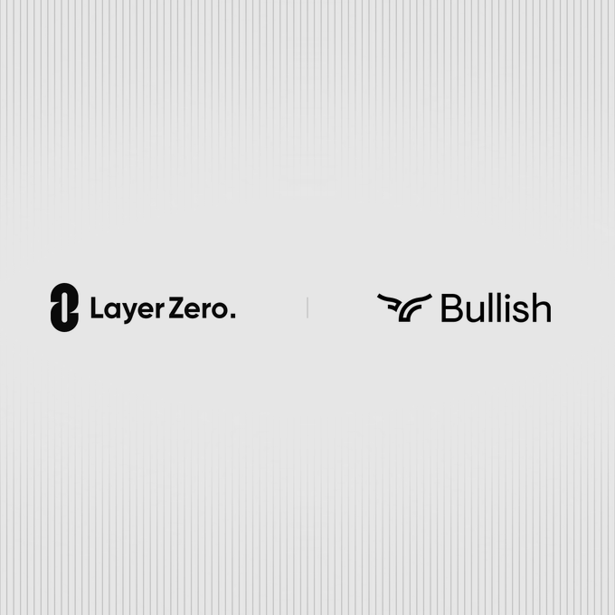 A minimalist white graphic displaying the Layer Zero. and Bullish logos side by side, indicating a partnership between the two brands.
