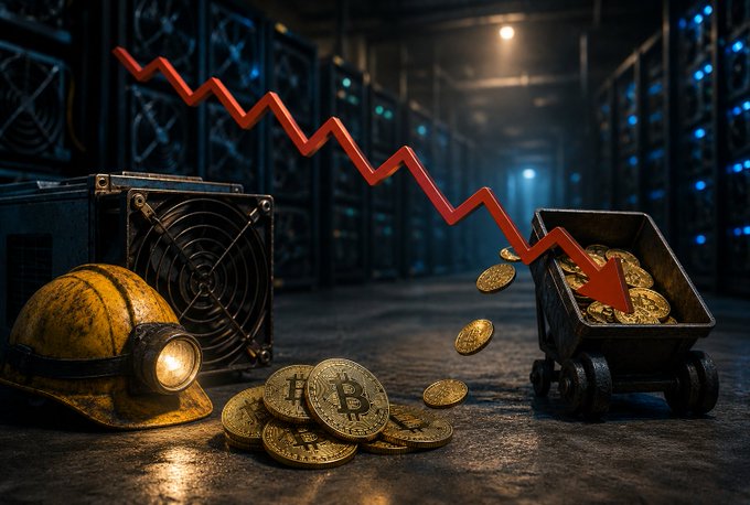 A conceptual image showing a mining cart filled with gold Bitcoin coins next to a hard hat and cooling fans in a data center, with a large red downward-trending zigzag arrow indicating declining cryptocurrency value.