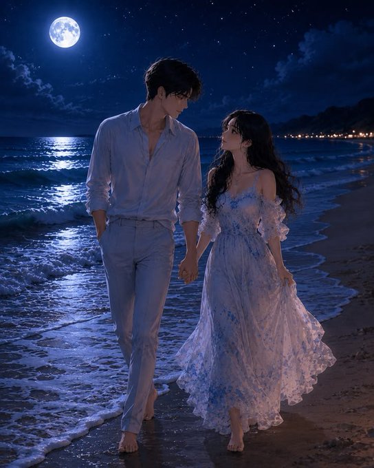A couple walks hand-in-hand along a moonlit beach, the woman in a flowing blue gown gazing up at her partner as waves lap at their bare feet.

The image has no direct connection to the post's discussion of EthraShip's real-world shipping operations and business fundamentals.