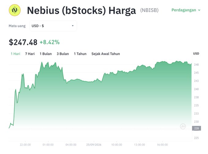 Stock price chart for Nebius (bStocks) (NBISB) showing a price of $247.48 with an 8.42% increase, displayed in USD.