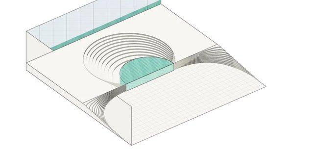 A 3D architectural diagram showing layered curved structures with circular patterns in white and teal, possibly representing a building or landscape design model.