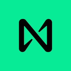 A black stylized logo resembling a folded ribbon or letter 'N' on a solid green background.