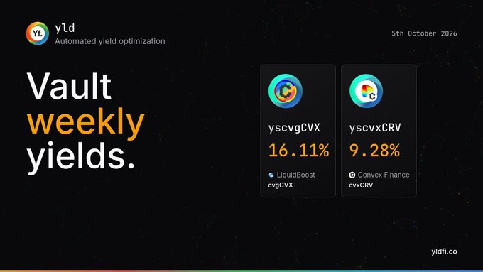A digital promotional graphic for 'yld Automated yield optimization' dated '5th October 2026', advertising 'Vault weekly yields' with 'yscvgCVX 16.11%' via LiquidBoost and 'yscvxCRV 9.28%' via Convex Finance, branded with 'yldfi.co'.