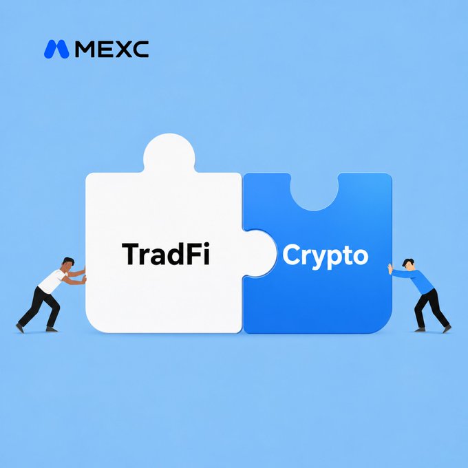 The image shows the MEXC logo in the top-left corner with an illustration of two figures pushing together two interlocking puzzle pieces—one white labeled "TradFi" and one blue labeled "Crypto"—symbolizing the merging of traditional finance and cryptocurrency markets, which aligns with the post's message about the disappearing boundary between these two financial worlds.
