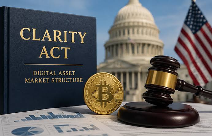 Concept image for the 'CLARITY ACT - Digital Asset Market Structure' legislation, showing a book with the title, a golden Bitcoin coin, a judge's gavel, the US Capitol building, and an American flag.