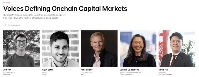 Speakers page for 'Voices Defining Onchain Capital Markets' featuring Jeff Yun (Hyperliquid), Arjun Sethi (Kalshi), Mike Belshe (BitGo), Cynthia Lo Bessette (Fidelity), and David Hui (DBS).