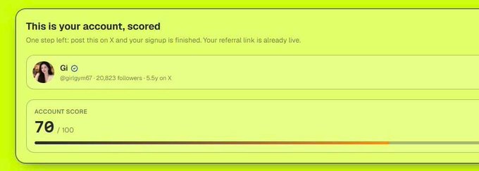 A light green digital dashboard notification stating 'This is your account, scored' for user 'Gi (@girigirl67 • 20,823 followers • 5.5y on X)', displaying an 'ACCOUNT SCORE' of 70/100.