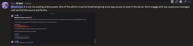 A tweet from user Max (@R0N) warns that @everyone is not posting airdrop posts and that an admin account appears to be breached, advising users not to engage with suspicious messages.