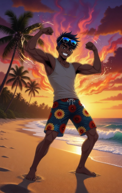 The image features a man standing on a beach wearing swim trunks and sunglasses, flexing his muscles as if he's about to lift something heavy or perform an impressive feat. The background of the image includes palm trees and a beautiful sunset, creating a serene atmosphere. The caption for this image reads "Good morning I think @quipnetwork is more than just a typical quantum project. They're combining many pieces at once: wallet protection, decentralized computing, and community-powered infrastructure".
