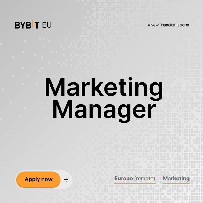 A job listing graphic for a "Marketing Manager" role at Bybit EU, tagged with "#NewFinancialPlatform" and noting "Europe (remote)" and "Marketing," featuring an orange "Apply now" button. The image aligns with the post promoting Bybit EU's hiring for a Marketing Manager to handle brand, campaigns, events, and KOLs across diverse European markets.