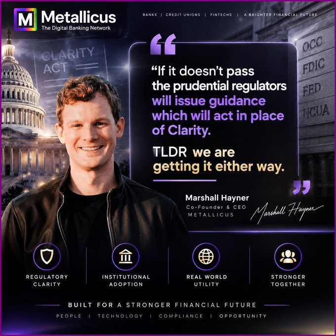 A promotional graphic for 'Metallicus - The Digital Banking Network' featuring co-founder & CEO Marshall Hayner with a quote about the Clarity Act and prudential regulators.