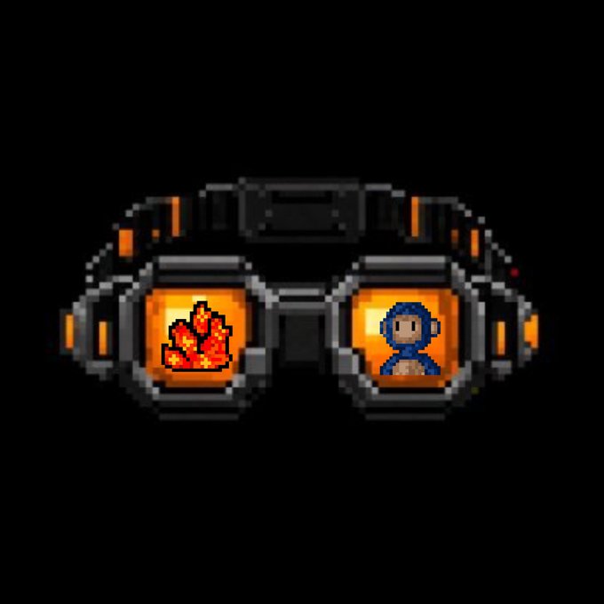 Pixel art depicts a futuristic headset or goggles with two glowing orange lenses; the left lens displays a fire icon and the right lens shows a character resembling Mega Man.
