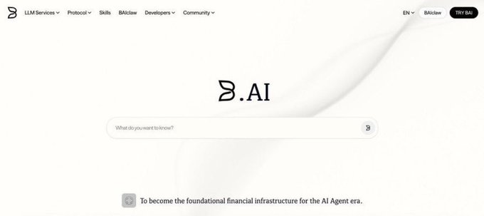 The homepage of the "B.AI" website includes a search bar asking "What do you want to know?" and a banner reading "To become the foundational financial infrastructure for the AI Agent era."