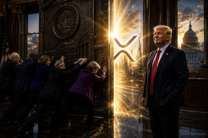 A group of lawmakers are pushing open a grand door, revealing the XRP cryptocurrency logo and a futuristic city, while Donald Trump stands by, seemingly overseeing the progress. This image visually represents the idea that passing the CLARITY Act is necessary to allow for regulatory clarity in the crypto space, which the post suggests would benefit Trump regardless.