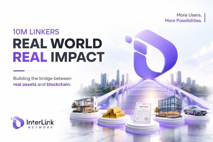 A promotional graphic for InterLink Network highlights their "10M Linkers" milestone with the tagline "Real World, Real Impact," emphasizing their mission to bridge real assets and blockchain through Real-World Asset (RWA) tokenization. The visual features a futuristic purple bridge connecting tokenized assets—including a house, gold bars, an asset title document, a commercial building, and a luxury car—symbolizing the link between tangible assets and blockchain technology.