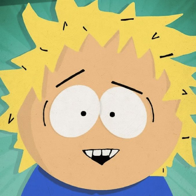 A close-up painting of a South Park-style cartoon character with spiky yellow hair, wide eyes, and a small smile against a teal background.