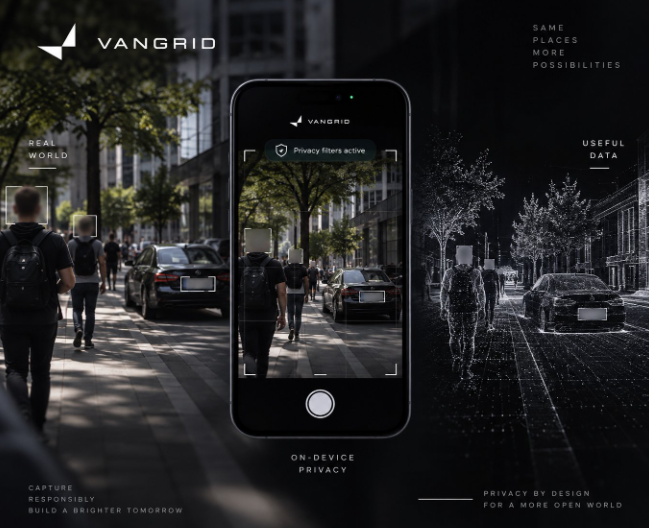 An advertisement for 'VANGRID' promotes 'SAME PLACES, MORE POSSIBILITIES' and 'ON-DEVICE PRIVACY', displaying a smartphone camera interface that blurs people's faces in a city street scene to illustrate 'Privacy filters active'.
