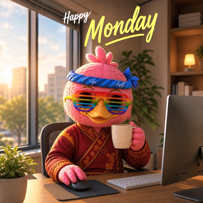 The image features a pink bird character sitting at a desk with a computer, holding a cup of coffee and wearing sunglasses. The background shows an office setting with a window overlooking trees outside. There are also potted plants visible near the window. The text "Happy Monday" is written above the bird's head in yellow letters.