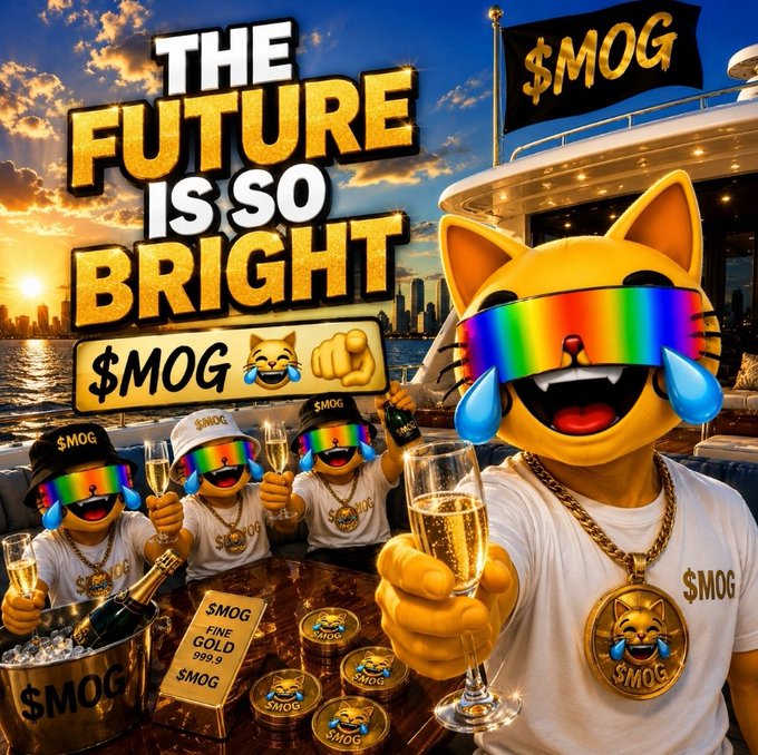 A promotional image for the $MOG cryptocurrency featuring cartoon cats wearing rainbow shutter shades and "$MOG" hats, with text reading "THE FUTURE IS SO BRIGHT" and "$MOG FINE GOLD 999."