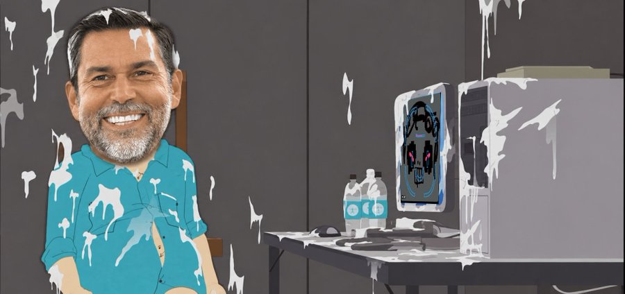 An illustrated/stylized image depicts a smiling bearded man in a teal shirt seated in front of a computer setup with two monitors and water bottles, with white paint splatter effects throughout.