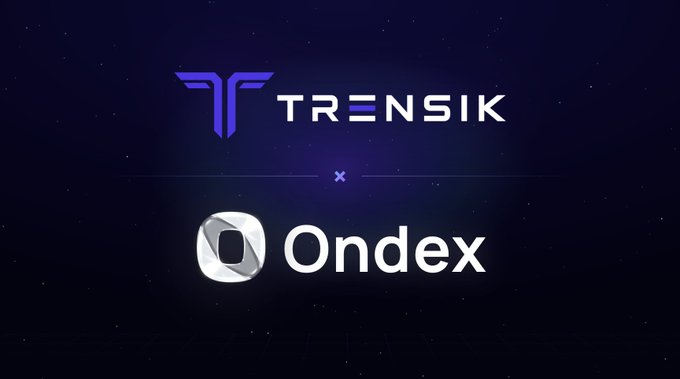 The image displays a partnership announcement featuring the "TRENSIK" logo (in purple with a winged "T") at the top and the "Ondex" logo (a silver "O" icon) at the bottom, separated by an "x" symbol on a dark starry background. This visually represents the collaboration between Trensik and Ondex, highlighting Ondex wallet support now being live on the Trensik platform for trading verified real-world assets on the XRP Ledger.