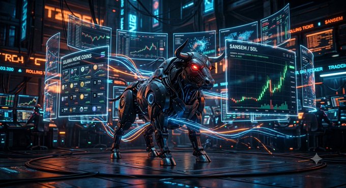 A mechanical bull statue stands prominently in a high-tech trading terminal environment, surrounded by glowing screens displaying crypto charts and a panel labeled "SOLANA MEME COINS," with another screen showing "SANSEM / SOL" alongside a green upward-trending candlestick graph. The imagery visually reinforces the post's introduction of BullpenFi as a new trading platform, with the charging bull symbolizing bullish momentum tied to the SANSEM/SOL trading pair.