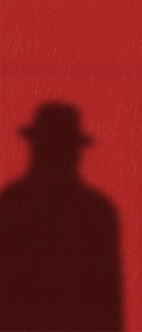 A dark silhouette of a person wearing a wide-brimmed hat against a textured red background with a film grain effect.