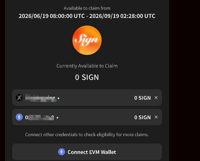 The image shows an EVM wallet screen with a claimable sign that says "Sign @Sign OBI Season 1airdrop is now claimable Link your wallet and Twitter to check eligibility → claim." The text indicates that the user can connect their wallet or Twitter account to claim the reward from the EVM wallet.
