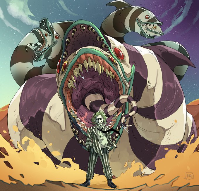 A digital illustration of Beetlejuice standing in front of a massive sandworm with three dog-like heads emerging from its mouth, set against a purple cosmic background.