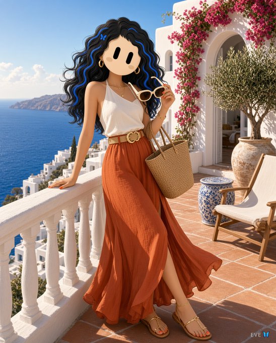 An animated-style illustration shows a character with black curly hair wearing a white top and long orange skirt, holding sunglasses and a woven bag, standing on a Mediterranean-style balcony overlooking the sea.