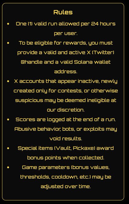 A 'Rules' text panel listing contest guidelines including 'One (1) valid run allowed per 24 hours per user' and requirements for an X (Twitter) handle and Solana wallet.