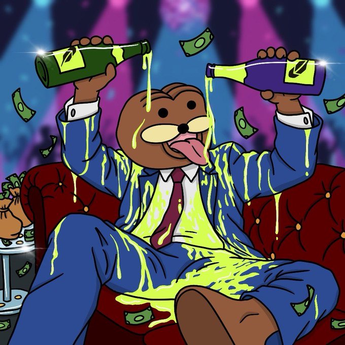 A cartoon bear in a drenched blue suit excitedly pours two champagne bottles over himself on a velvet couch, surrounded by flying money and green liquid puddles, capturing the chaotic celebration vibe of high-risk memecoin gambling on tickers like $spurdo, $cashcat, $pons, $chump, and $good.