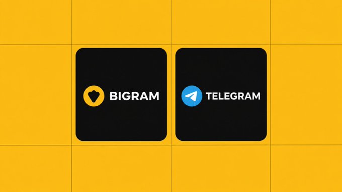 Two app icons displayed side by side on a yellow tile background: the black Bigram icon with a gold shield logo, and the black Telegram icon with its signature blue paper plane. The image visually reinforces the post's announcement that Bigram is exclusively available as a Telegram Mini App for mining $BIUSD.