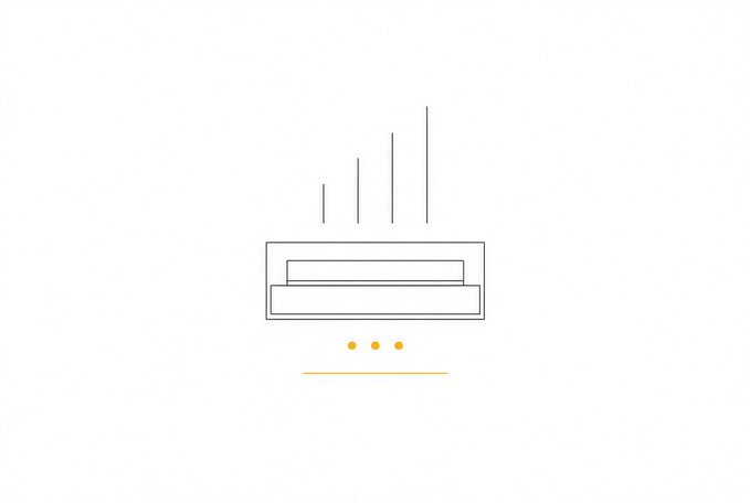 Minimalist line drawing illustration featuring vertical lines above nested rectangular shapes and three small dots with a yellow underline, set against a white background.