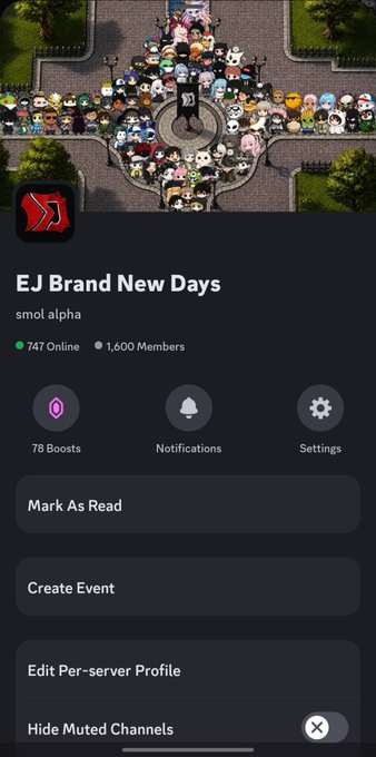 A Discord server called "EJ Brand New Days" labeled "smol alpha" with 747 online members and 1,600 total members, featuring options like 78 Boosts, Notifications, and Settings. The image visually supports the post's praise of the server as a tightly-knit, drama-free community of 1,600 members focused on alpha and building together.
