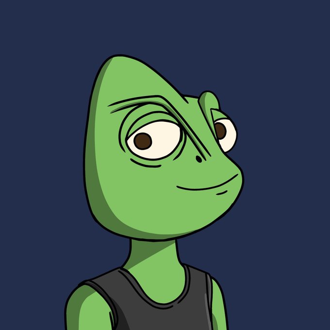 A digital illustration of a green anthropomorphic lizard/reptile character (resembling a Pepe-style figure) wearing a black tank top, with a smug expression against a dark blue background.