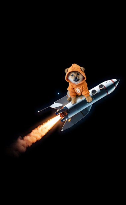 The image features a small dog wearing an orange hoodie, sitting on top of a silver rocket ship that has a large flame coming out of its nose. The caption below the image reads "$DOG ₿ GO TO THE MOON". This suggests that the rocket ship is designed to transport dogs to the moon as part of a promotional campaign or a humorous advertisement.