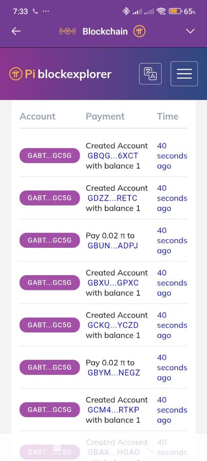 The Pi blockexplorer shows a series of "Created Account" entries and "Pay 0.02 π" transactions from wallet GABT...GC5G occurring 40 seconds ago, illustrating the recent mainnet migration activity referenced in the update.